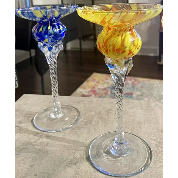 Murano Style Swirled Art Glass Candle Holders, Made in Italy, Set of 2 - Picture 3 of 14